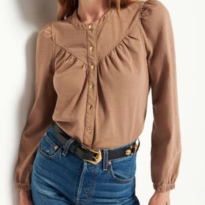 Nation LTD Camel Button-Front Puff Shoulder Shirt